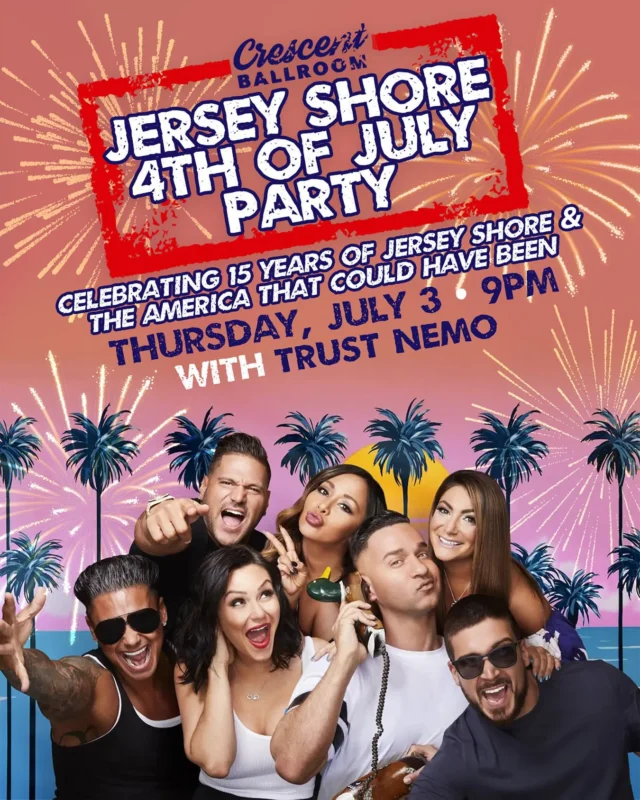 just announced + on sale now ✨ jersey shore party with @trust_nemo on thursday, july 3rd! celebrate 15 years of jersey shore — put on your best ed hardy and affliction, your faux fur boots and bikini tops, and party like it’s 2009!

$10 adv, link in bio