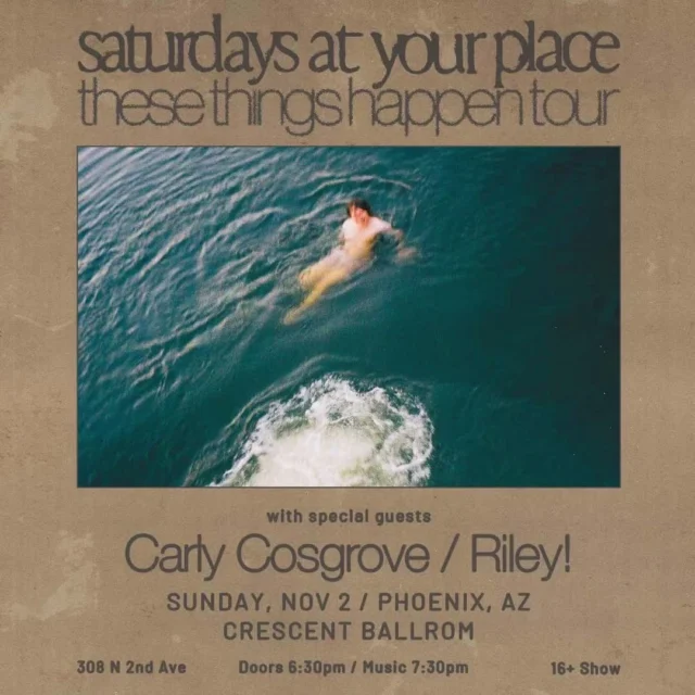 just announced ✨ emo three-piece outfit @saturdaysatyourplace bring their heavy and twinkly guitar parts, group vocals, and heart on sleeve lyrics to crescent with @carlycosgrovepa + @rileytheband on sunday, november 2nd!⁠
⁠
$22 adv, link in bio — on sale friday⁠