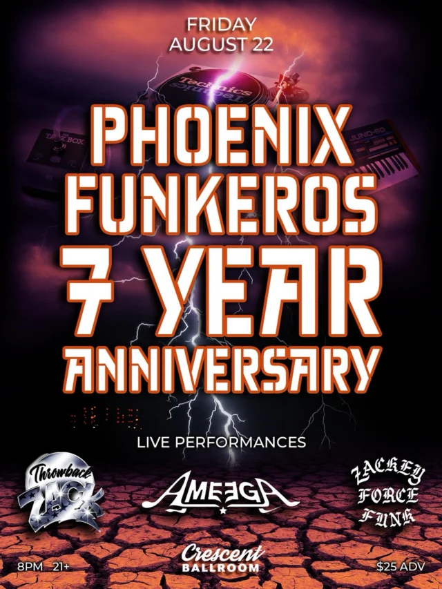 just announced + on sale now ✨ @phoenixfunkeros 7th anniversary show featured live performances from @zackeyforcefunk, @throwbackzack, + @ameega_band on friday, august 22nd!

$20 adv, link in bio